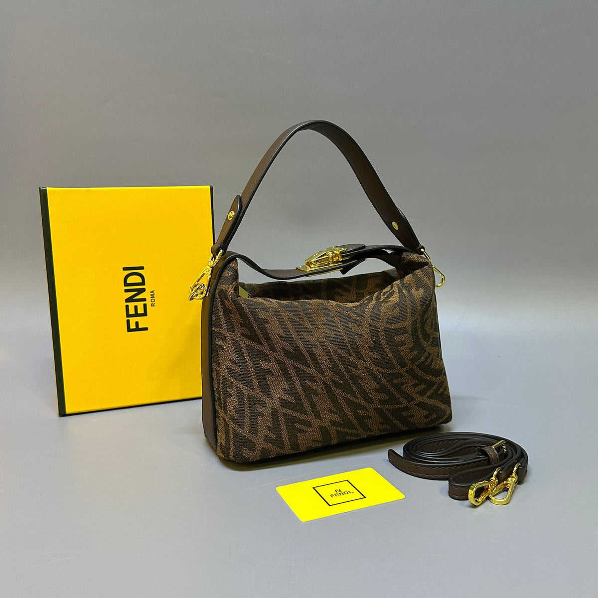 Fendi Fendessence Small FF Monogram Hobo Bag (Brown & Tobacco FF Jacquard / Dark Brown Leather)