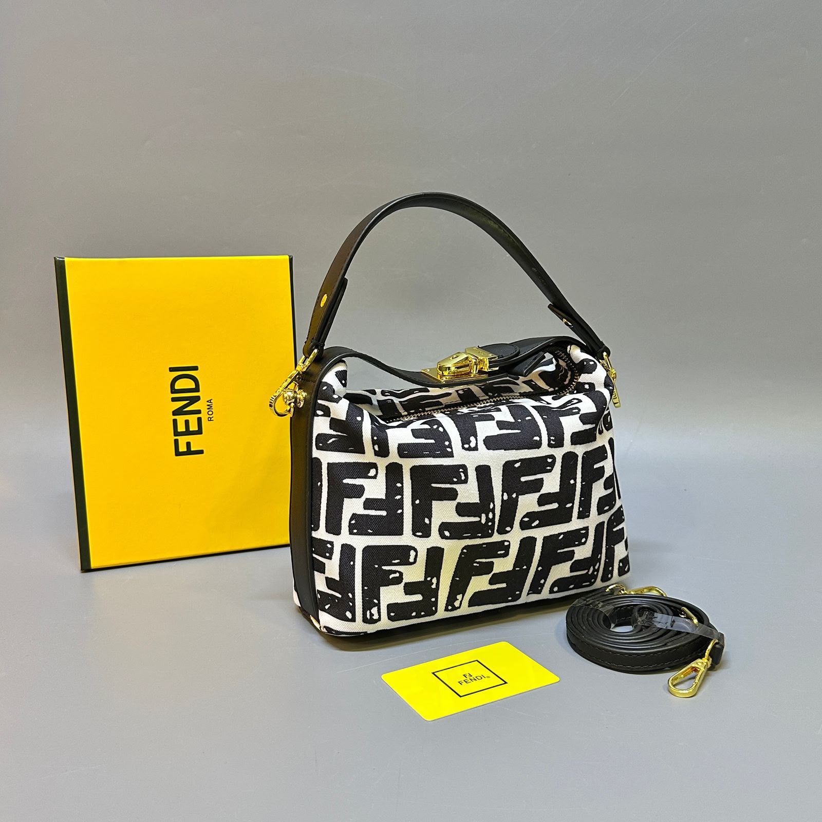 Fendi Fendessence Small FF Monogram Hobo Bag (Black & White Canvas / Black Leather)