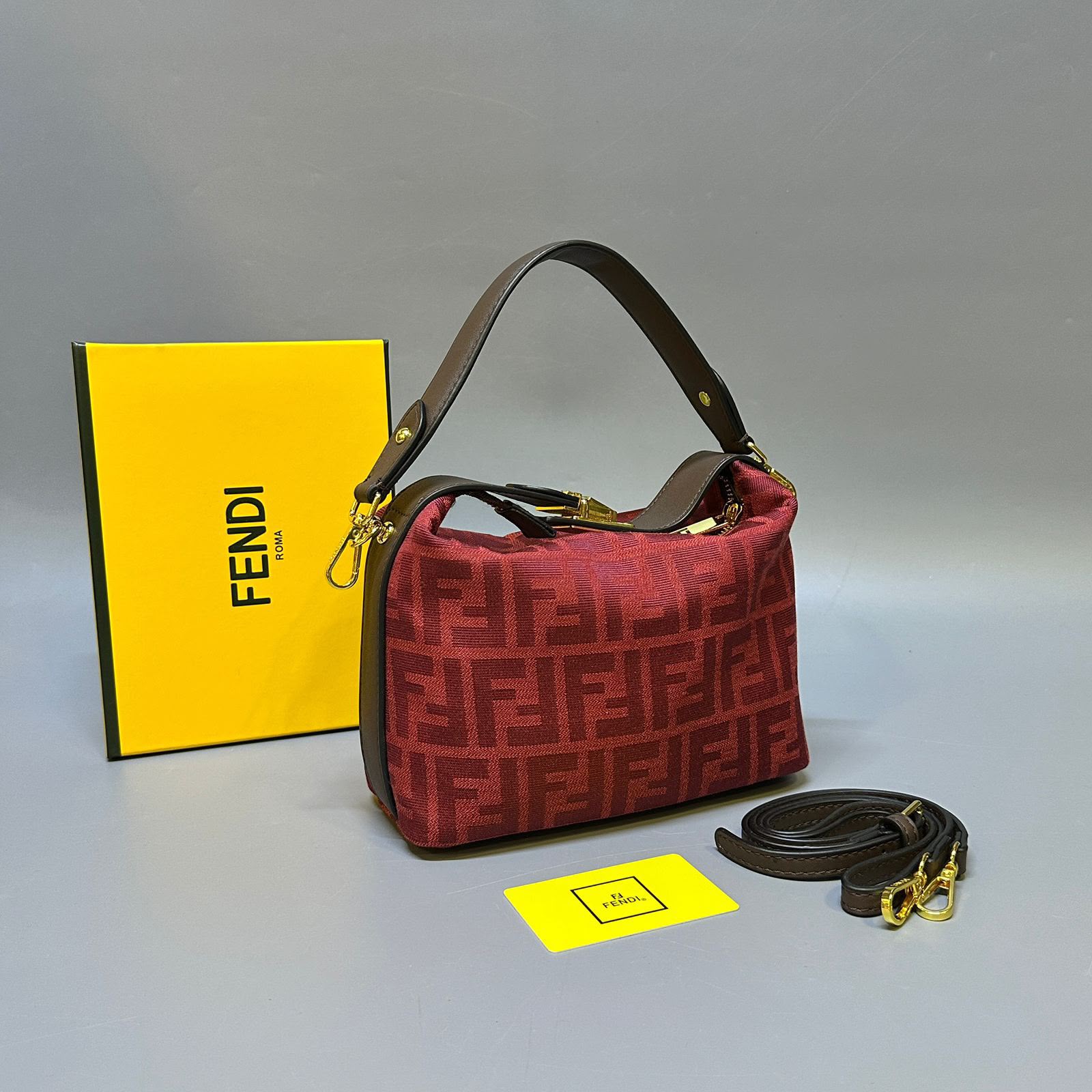 Fendi Fendessence Small FF Monogram Hobo Bag (Red & Burgundy FF Jacquard / Dark Brown Leather)