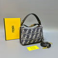 Fendi Fendessence Small FF Monogram Hobo Bag (Blue & Beige Denim Jacquard / Black Leather)
