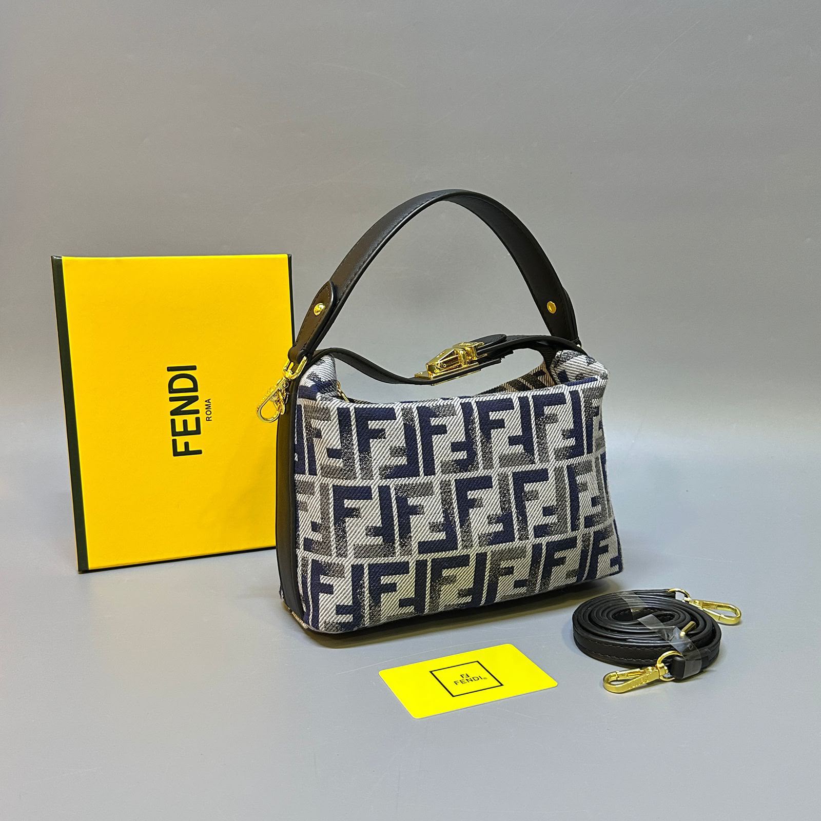 Fendi Fendessence Small FF Monogram Hobo Bag (Blue & Beige Denim Jacquard / Black Leather)