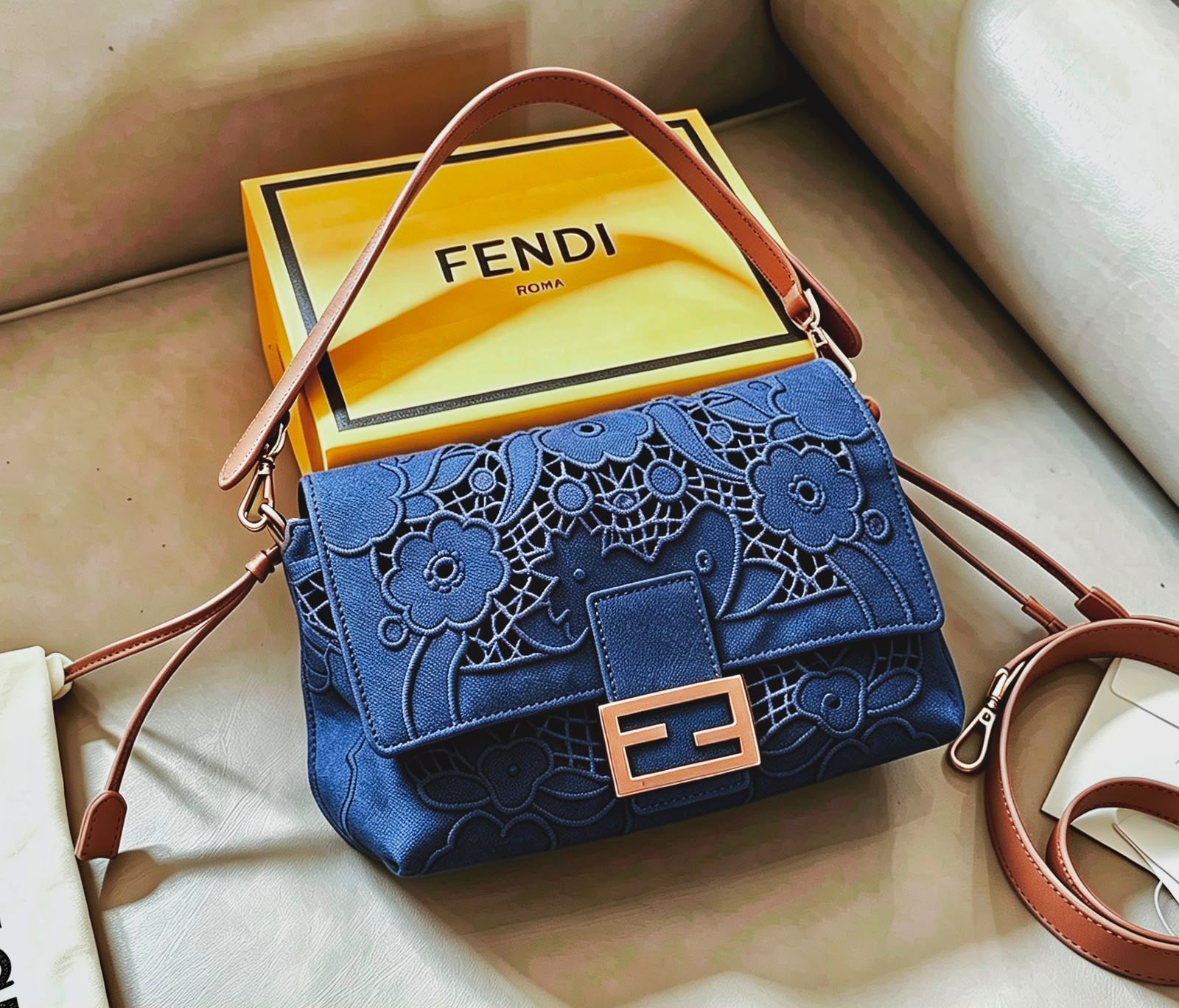 Fendi Baguette Floral Lace Embroidery Shoulder Bag (Blue Canvas / Brown Leather / Gold Hardware)