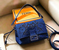 Fendi Baguette Floral Lace Embroidery Shoulder Bag (Monochrome Blue / Silver Hardware)