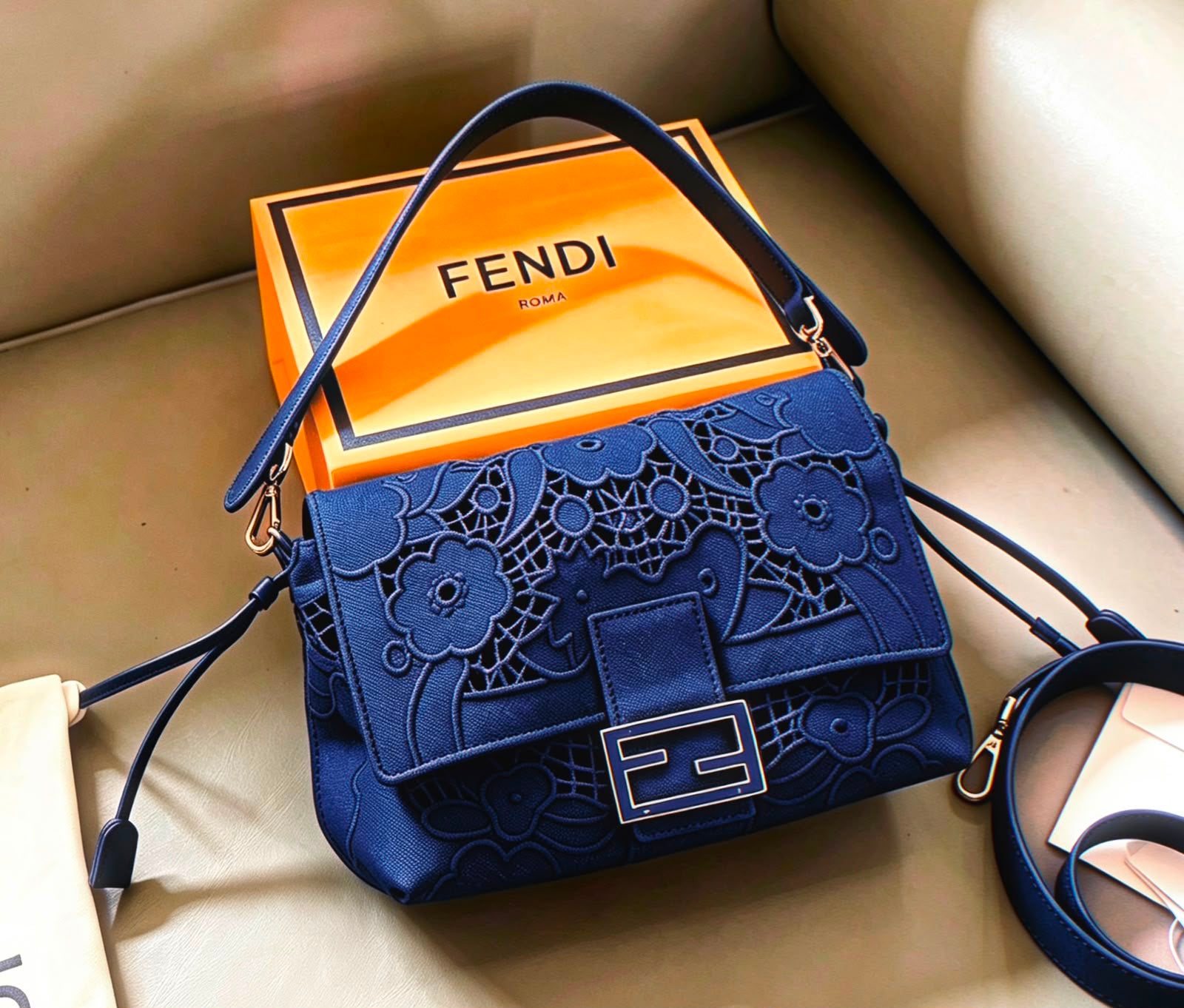 Fendi Baguette Floral Lace Embroidery Shoulder Bag (Monochrome Blue / Silver Hardware)