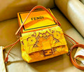 Fendi Baguette Floral Lace Embroidery Shoulder Bag (Yellow Canvas / Light Orange-Tan Leather / Gold Hardware)