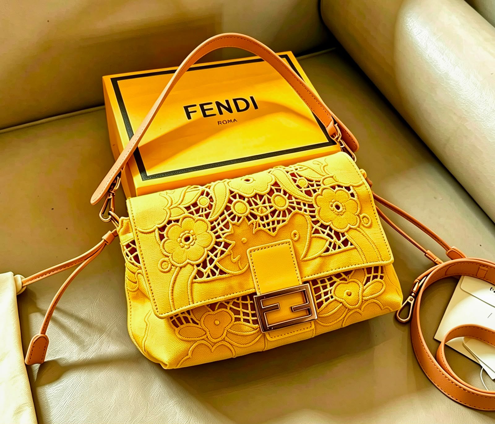 Fendi Baguette Floral Lace Embroidery Shoulder Bag (Yellow Canvas / Light Orange-Tan Leather / Gold Hardware)