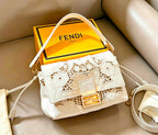 Fendi Baguette Floral Lace Embroidery Shoulder Bag (Monochrome White / Gold Hardware)