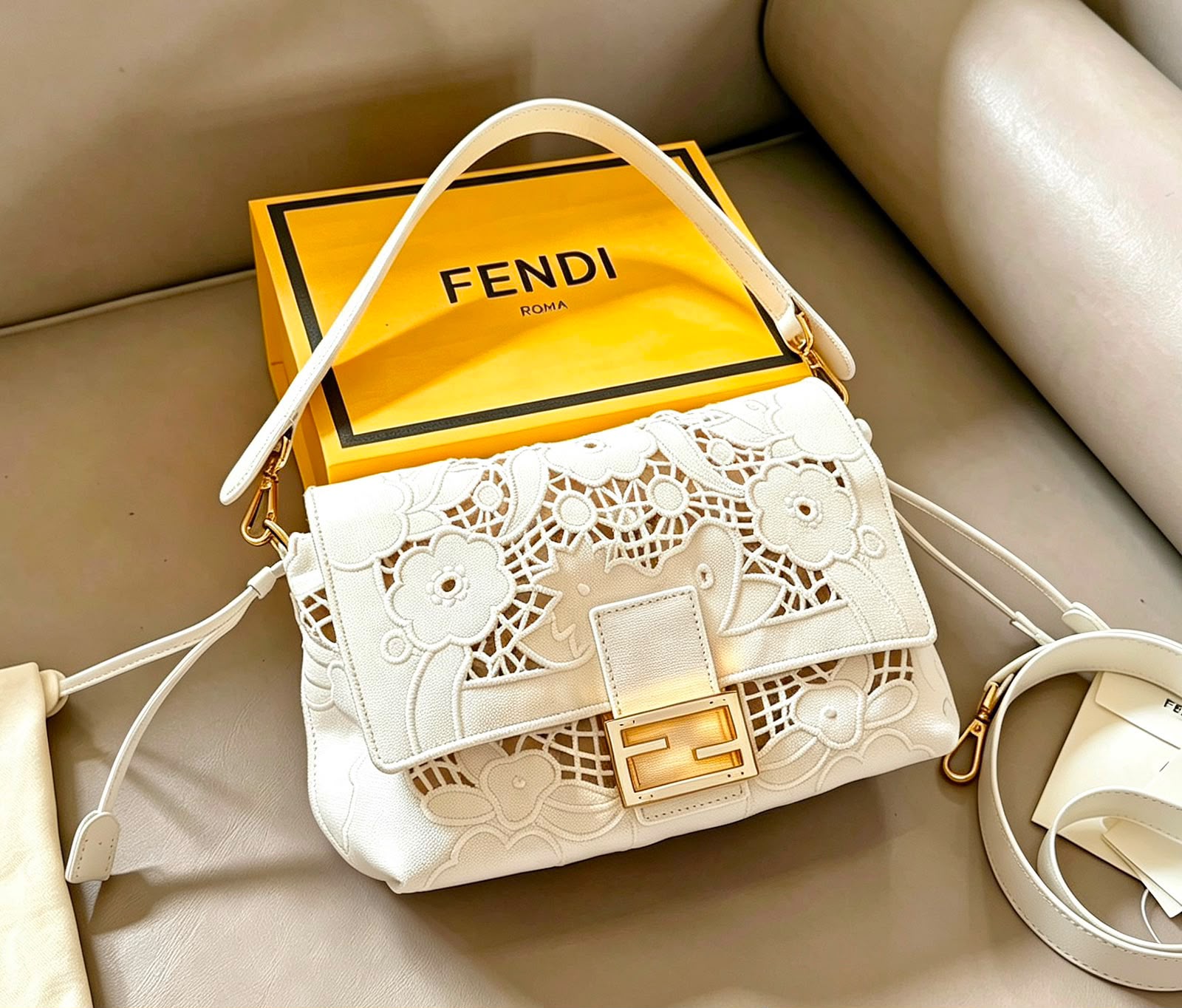 Fendi Baguette Floral Lace Embroidery Shoulder Bag (Monochrome White / Gold Hardware)