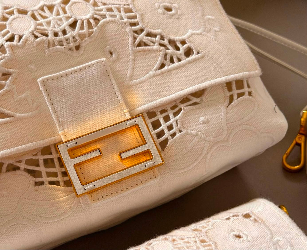 Fendi Baguette Floral Lace Embroidery Shoulder Bag (Monochrome White / Gold Hardware)