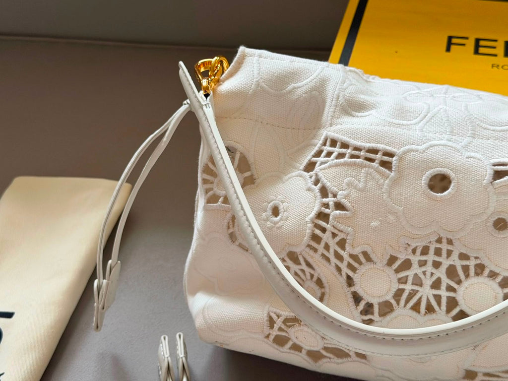 Fendi Baguette Floral Lace Embroidery Shoulder Bag (Monochrome White / Gold Hardware)