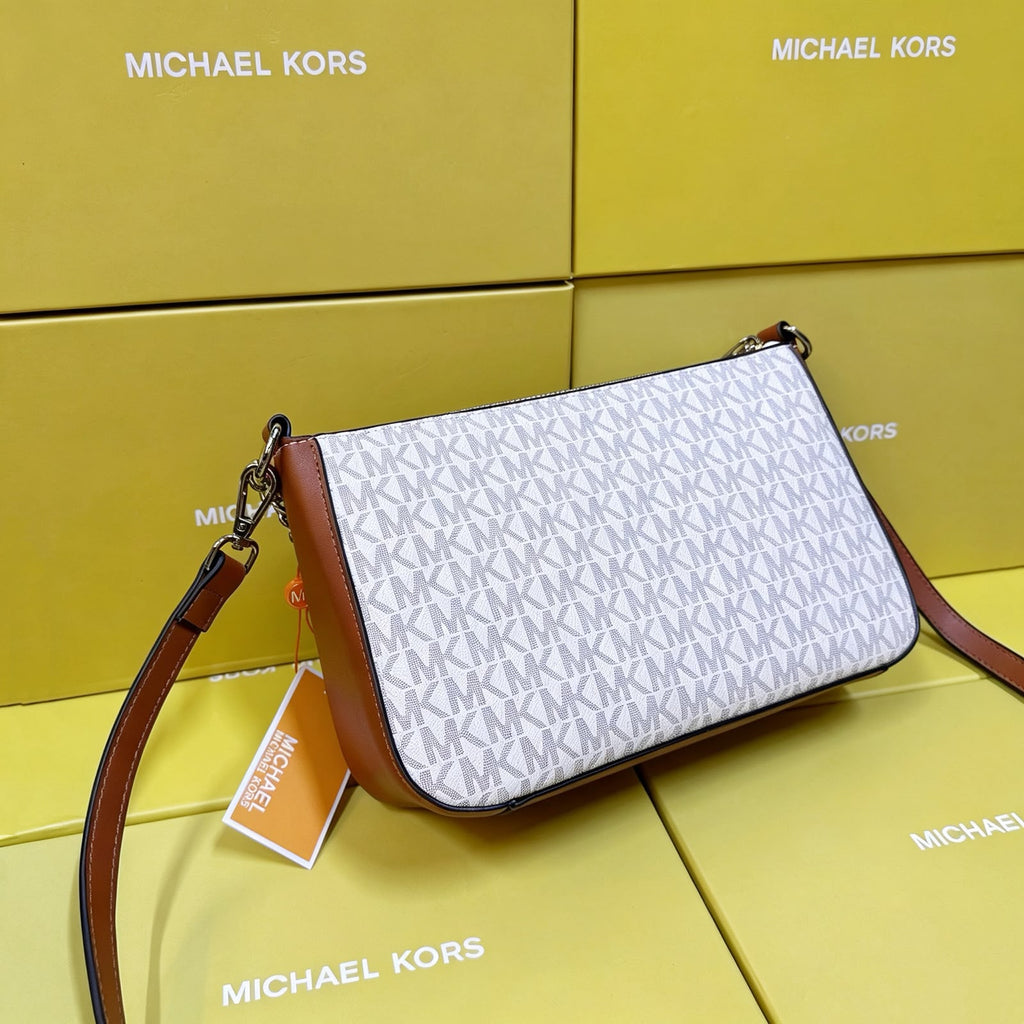 Michael Kors Jet Set Large Logo Pochette Crossbody Bag (White / Luggage Tan Trim / Silver Hardware)