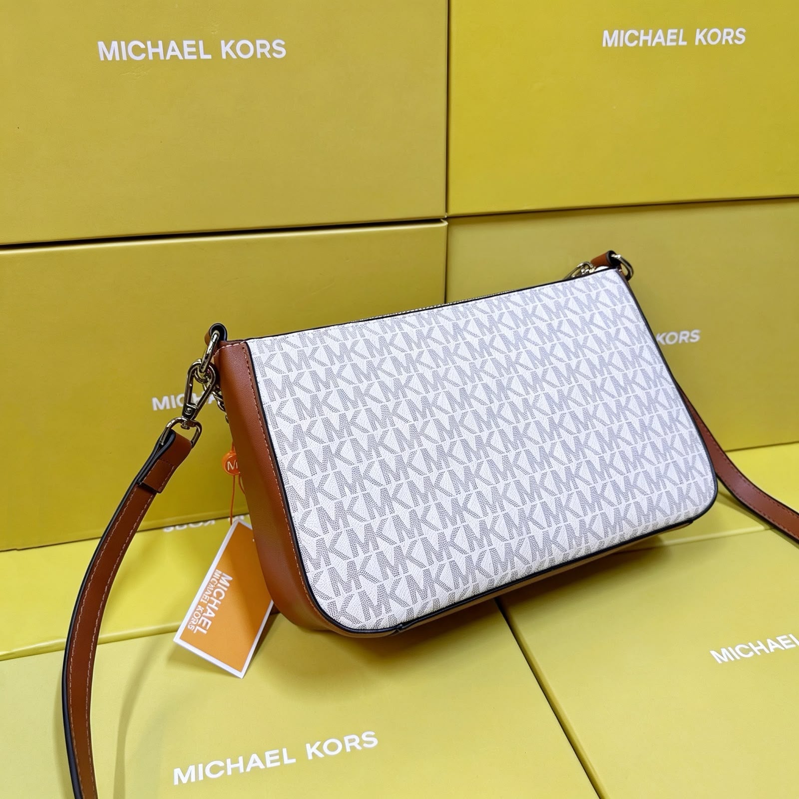Michael Kors Jet Set Large Logo Pochette Crossbody Bag (White / Luggage Tan Trim / Silver Hardware)