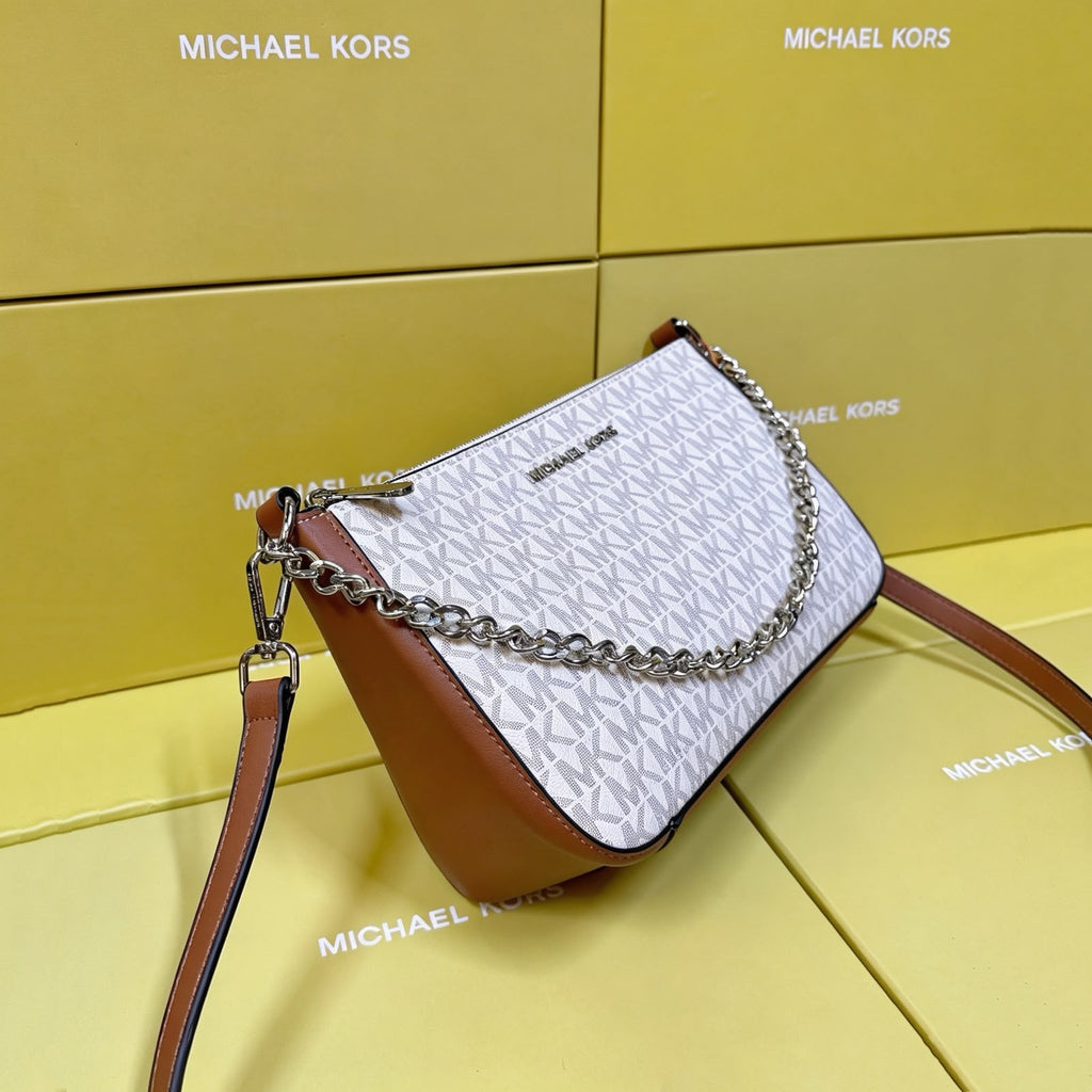 Michael Kors Jet Set Large Logo Pochette Crossbody Bag (White / Luggage Tan Trim / Silver Hardware)