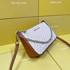 Michael Kors Jet Set Large Logo Pochette Crossbody Bag (White / Luggage Tan Trim / Silver Hardware)