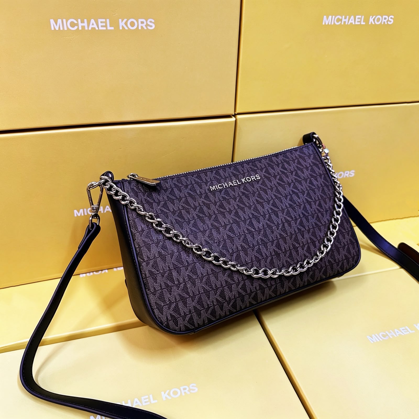 Michael Kors Jet Set Large Logo Pochette Crossbody Bag (Brown / Black Trim / Silver Hardware)