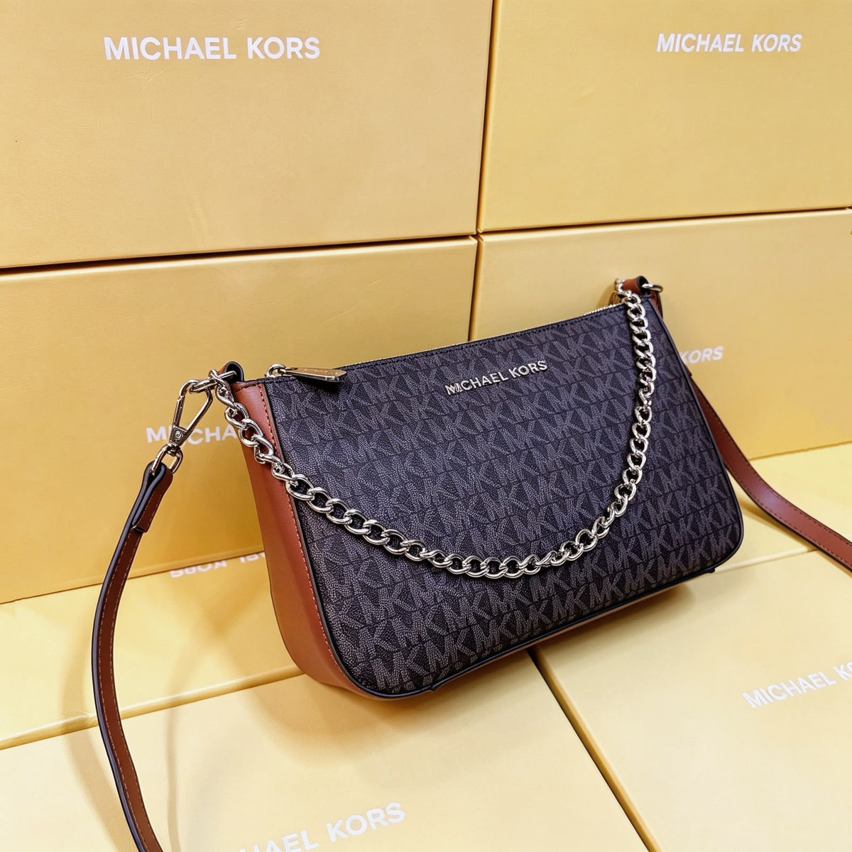 Michael Kors Jet Set Large Logo Pochette Crossbody Bag (Black / Luggage Tan Trim / Silver Hardware)
