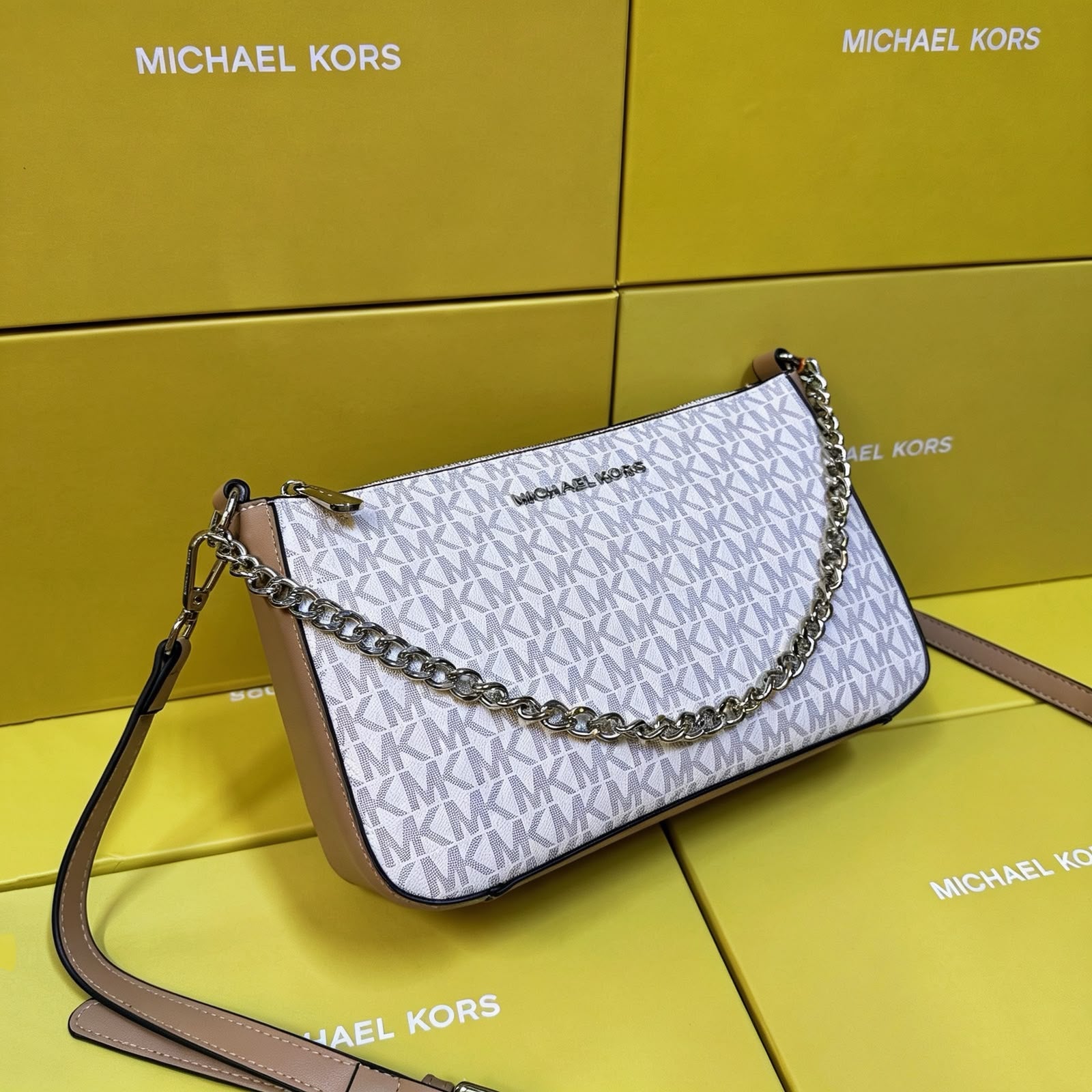 Michael Kors Jet Set Large Logo Pochette Crossbody Bag (White / Beige Trim / Silver Hardware)