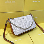 Michael Kors Jet Set Large Logo Pochette Crossbody Bag (White / Luggage Tan Trim / Silver Hardware)