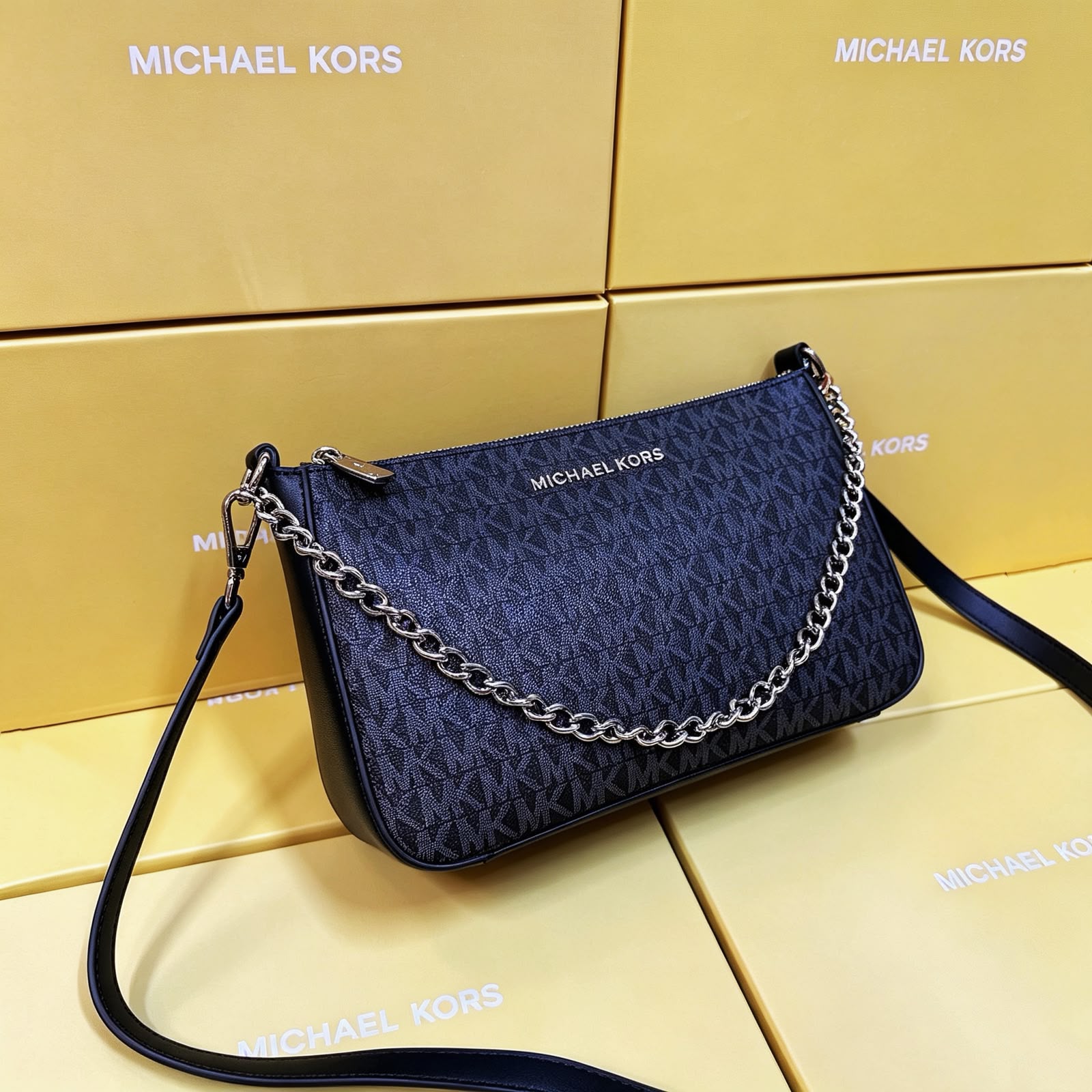 Michael Kors Jet Set Large Logo Pochette Crossbody Bag (Black / Silver Hardware)