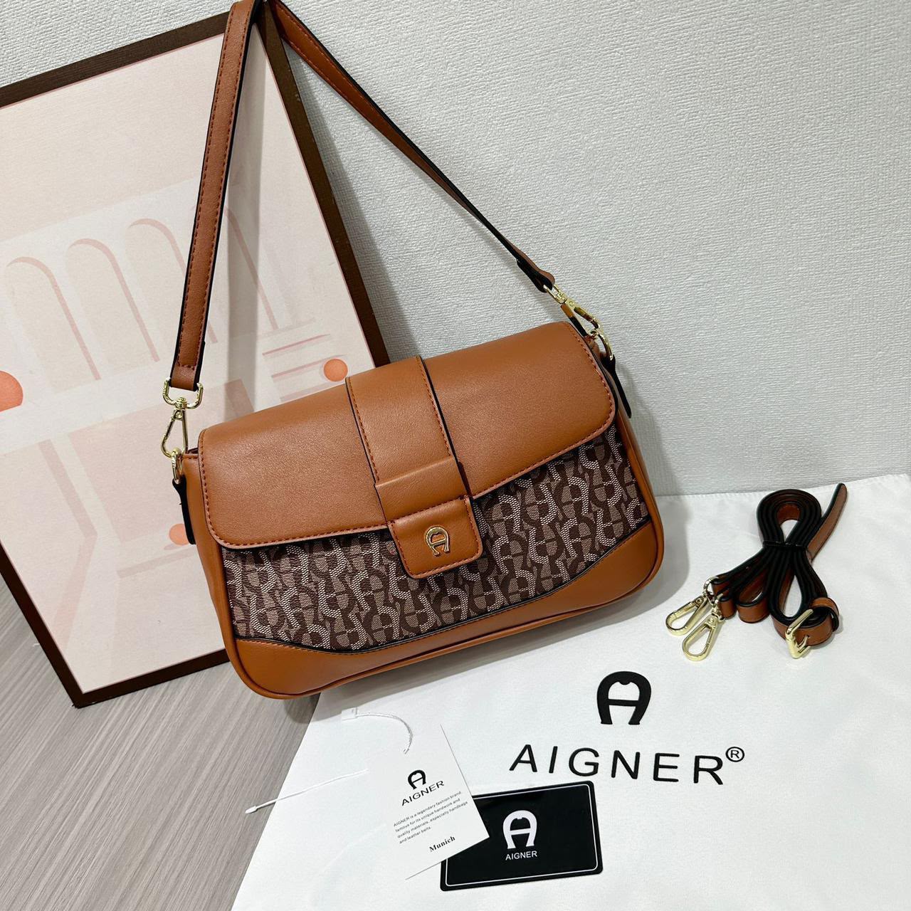 Aigner Adoria Monogram Shoulder Bag (Cognac / Brown Monogram Canvas)