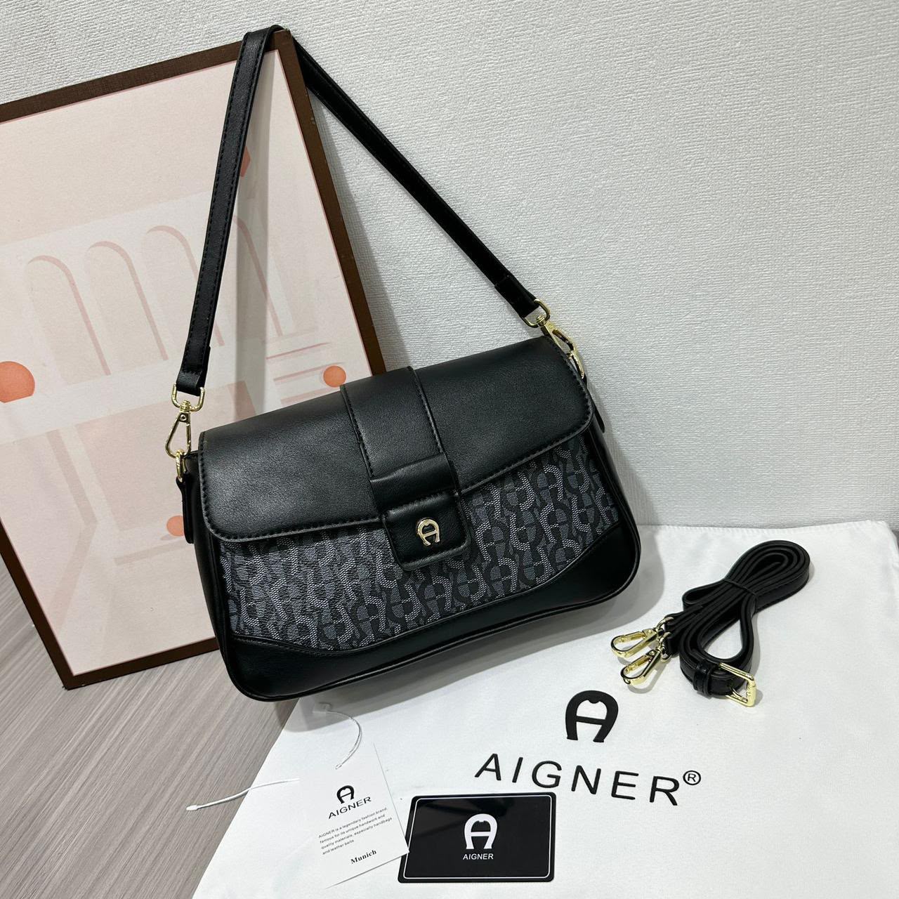 Aigner Adoria Monogram Shoulder Bag (Black / Grey Monogram Canvas)
