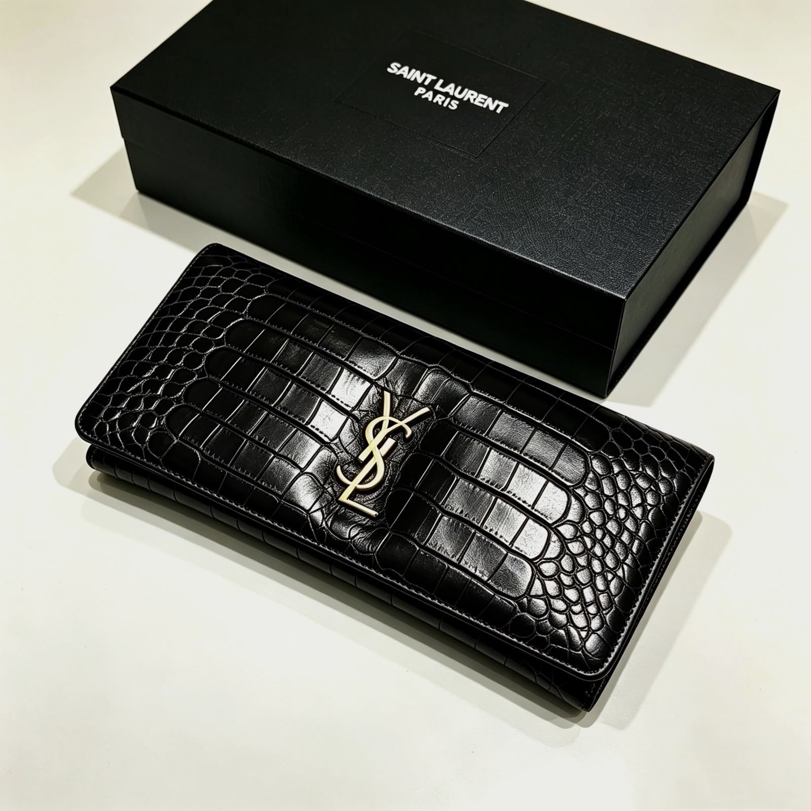 Saint Laurent Uptown Crocodile-Embossed Leather Clutch (Black / Gold Hardware)