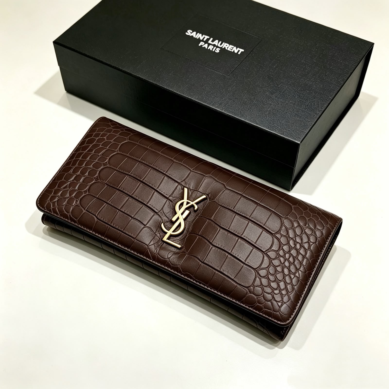 Saint Laurent Uptown Crocodile-Embossed Leather Clutch (Dark Brown / Gold Hardware)