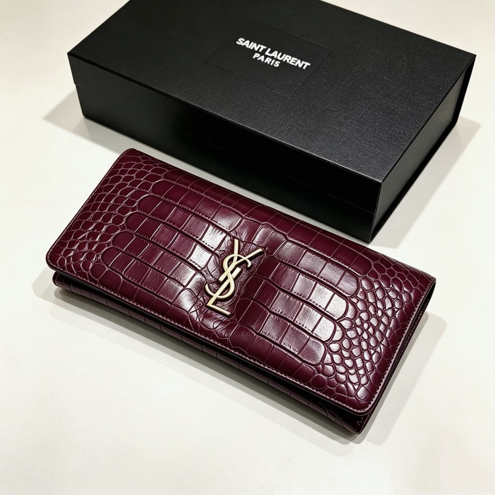 Saint Laurent Uptown Crocodile-Embossed Leather Clutch (Deep Burgundy / Gold Hardware)