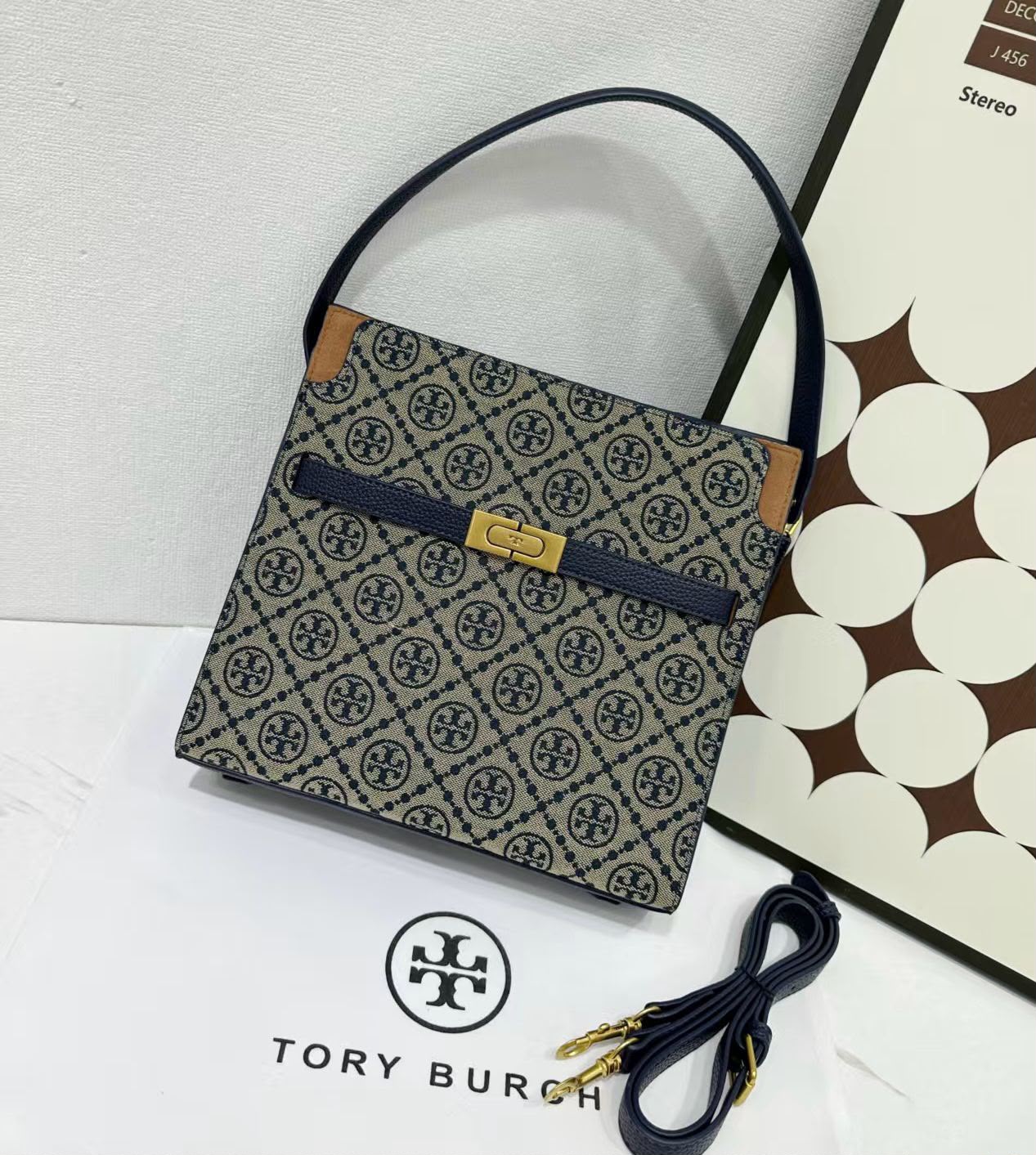 Tory Burch Lee Radziwill T Monogram Shoulder Bag (Navy Blue)