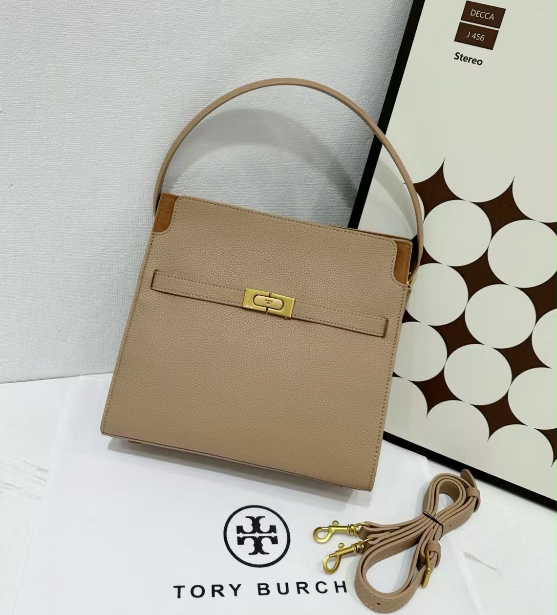 Tory Burch Lee Radziwill Pebbled Leather Shoulder Bag (Beige)
