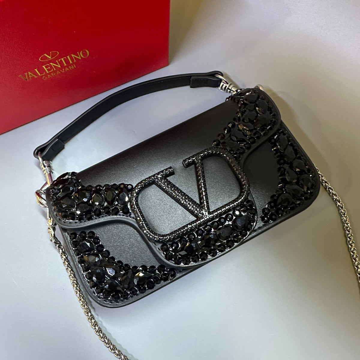 Valentino Garavani Locò Crystal-Embellished Leather Shoulder Bag (Black)