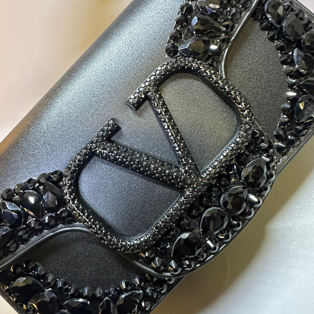 Valentino Garavani Locò Crystal-Embellished Leather Shoulder Bag (Black)