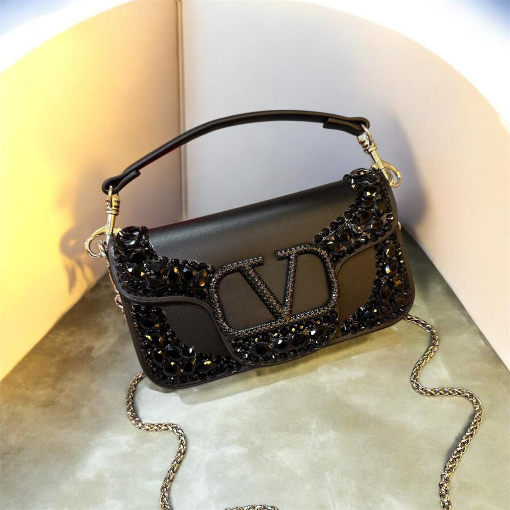 Valentino Garavani Locò Crystal-Embellished Leather Shoulder Bag (Black)