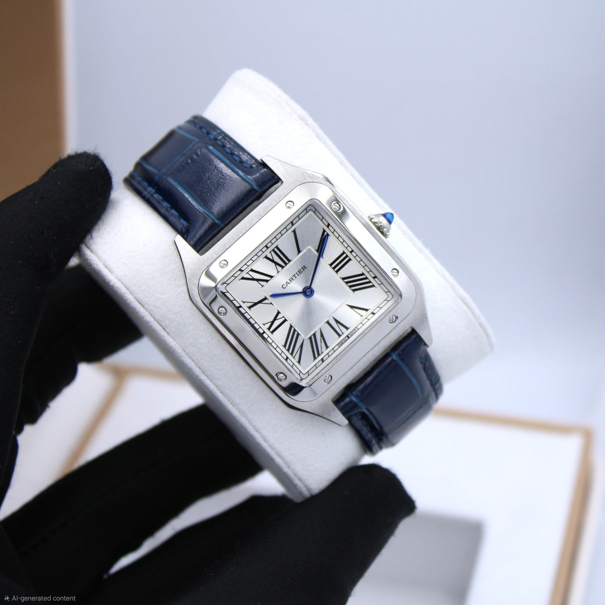 Cartier Santos-Dumont Watch (Silver / Navy Blue)